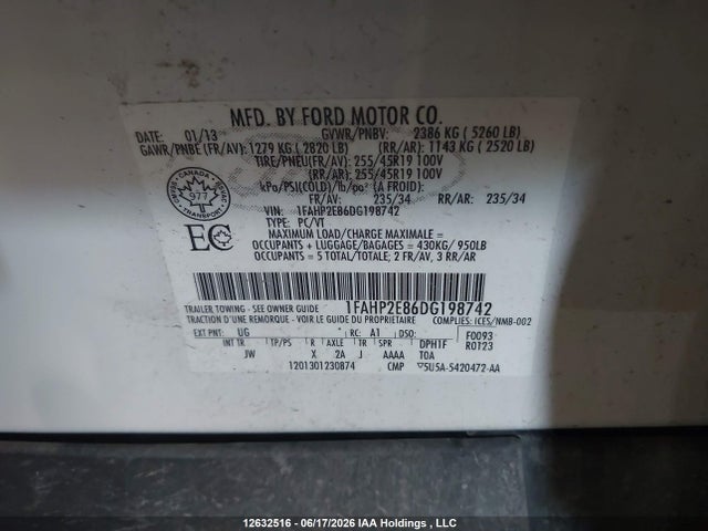 12632516 :رقم المزاد ، 1FAHP2E86DG198742 vin ، 2013 Ford Taurus Sel مزاد بيع