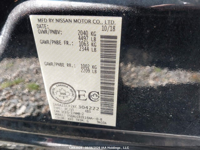 Auction sale of the 2019 Nissan Leaf S/sl/sv, vin: 1N4AZ1CP2KC304222, lot number: 12653028