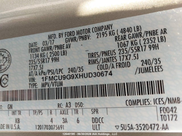 12640195 :رقم المزاد ، 1FMCU9G9XHUD30674 vin ، 2017 Ford Escape Se مزاد بيع