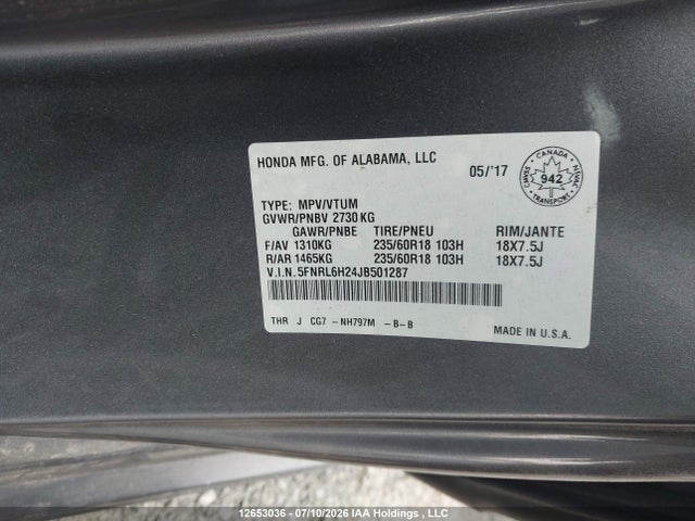 2018 Honda Odyssey Lx მანქანა იყიდება აუქციონზე, vin: 5FNRL6H24JB501287, აუქციონის ნომერი: 12653036