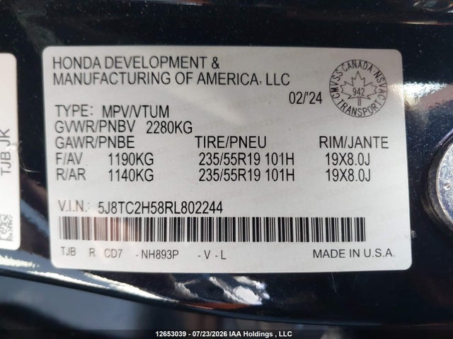 Aukcja sprzedaży 2024 Acura Rdx Technology Package, vin: 5J8TC2H58RL802244, numer aukcji: 12653039