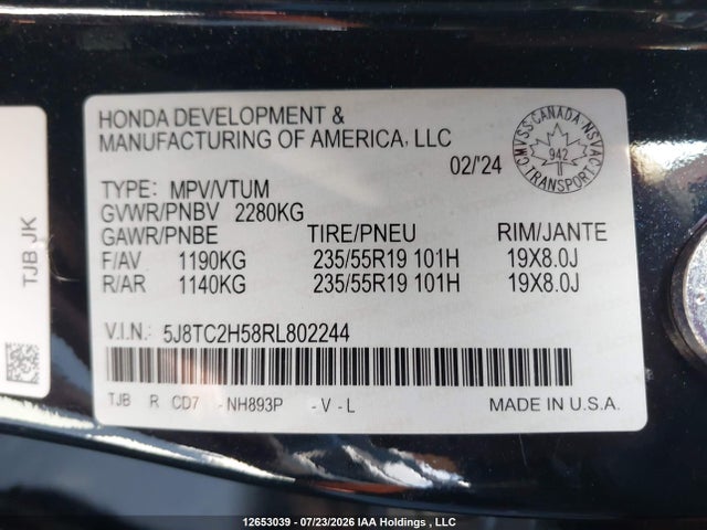 Aukcja sprzedaży 2024 Acura Rdx Technology Package, vin: 5J8TC2H58RL802244, numer aukcji: 12653039
