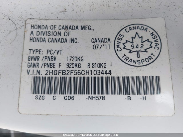 2012 Honda Civic Ex 4dr მანქანა იყიდება აუქციონზე, vin: 2HGFB2F56CH103444, აუქციონის ნომერი: 12653058