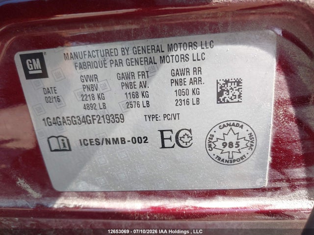 12653069 :رقم المزاد ، 1G4GA5G34GF219359 vin ، 2016 Buick Lacrosse مزاد بيع