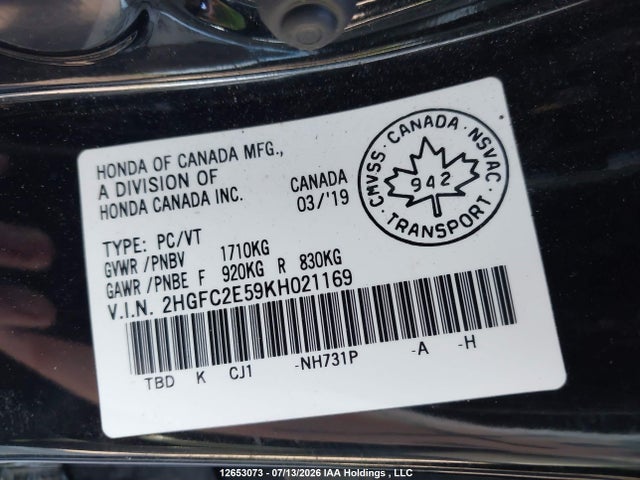 Honda Civic Lx 2019 2HGFC2E59KH021169 Image 21