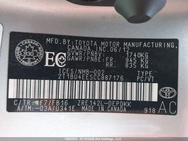 2012 Toyota Corolla Ce მანქანა იყიდება აუქციონზე, vin: 2T1BU4EE5CC887176, აუქციონის ნომერი: 12653075
