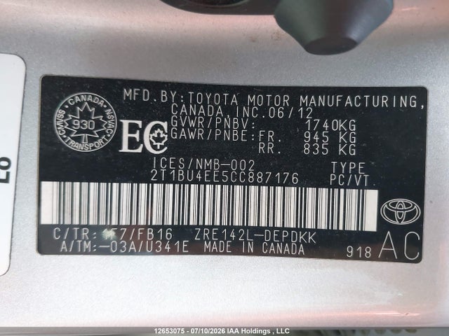 2012 Toyota Corolla Ce მანქანა იყიდება აუქციონზე, vin: 2T1BU4EE5CC887176, აუქციონის ნომერი: 12653075
