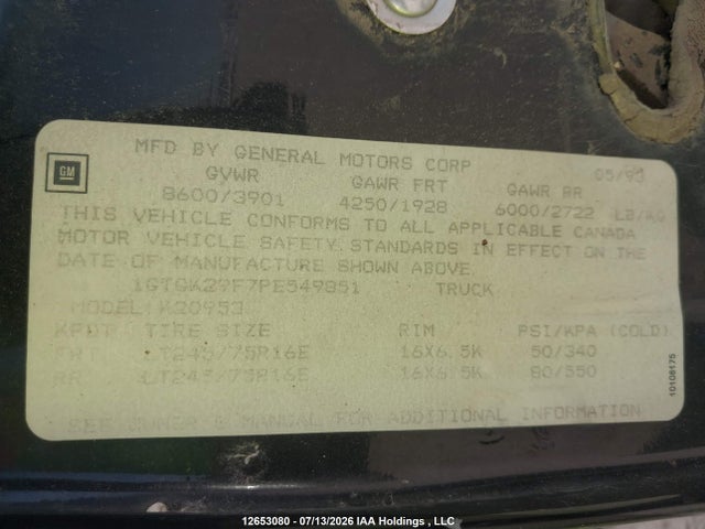 1993 Gmc Sierra K2500 მანქანა იყიდება აუქციონზე, vin: 1GTGK29F7PE549851, აუქციონის ნომერი: 12653080
