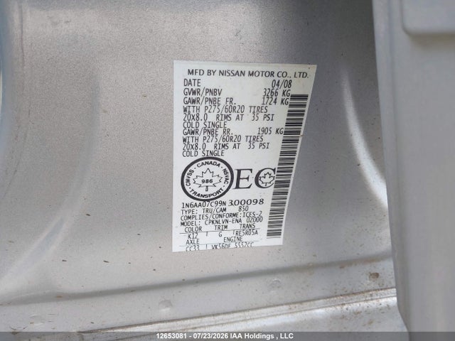 Aukcja sprzedaży 2009 Nissan Titan Xe/se/le/pro-4x, vin: 1N6AA07C99N300098, numer aukcji: 12653081