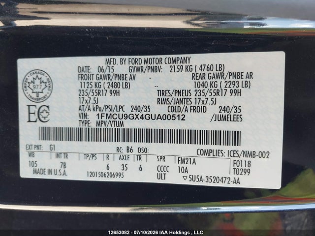12653082 :رقم المزاد ، 1FMCU9GX4GUA00512 vin ، 2016 Ford Escape Se مزاد بيع