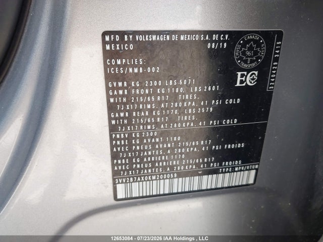 2019 Volkswagen Tiguan Comfortline მანქანა იყიდება აუქციონზე, vin: 3VV2B7AX0KM200059, აუქციონის ნომერი: 12653084