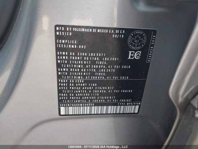 2019 Volkswagen Tiguan Comfortline მანქანა იყიდება აუქციონზე, vin: 3VV2B7AX0KM200059, აუქციონის ნომერი: 12653084