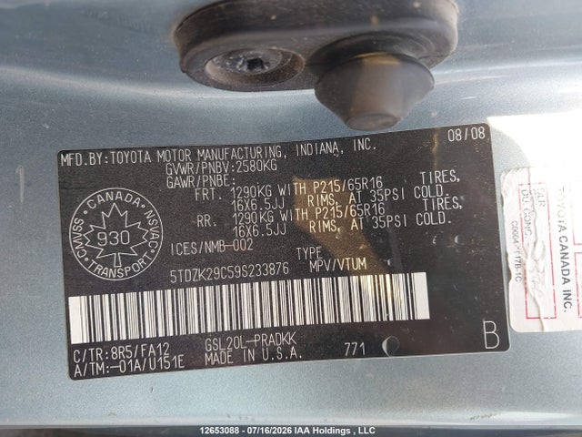 12653088 :رقم المزاد ، 5TDZK29C59S233876 vin ، 2009 Toyota Sienna Ce 8 Passenger مزاد بيع