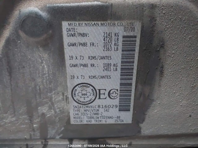12653090 :رقم المزاد ، 5N1AT2MVXLC816029 vin ، 2020 Nissan Rogue S/sl/sv مزاد بيع