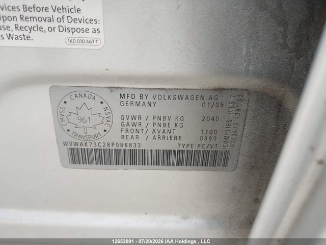 12653091 :رقم المزاد ، WVWAK73C28P086833 vin ، 2008 Volkswagen Passat 2.0t Trendline مزاد بيع