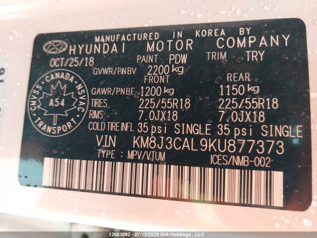 12653092 :رقم المزاد ، KM8J3CAL9KU877373 vin ، 2019 Hyundai Tucson Limited/sel/sport/ultimate/value/night مزاد بيع