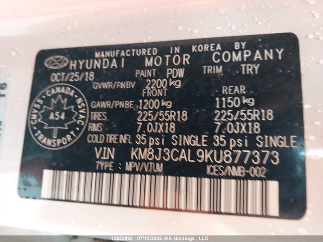 12653092 :رقم المزاد ، KM8J3CAL9KU877373 vin ، 2019 Hyundai Tucson Limited/sel/sport/ultimate/value/night مزاد بيع