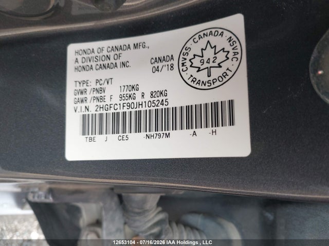 2018 Honda Civic Touring მანქანა იყიდება აუქციონზე, vin: 2HGFC1F90JH105245, აუქციონის ნომერი: 12653104