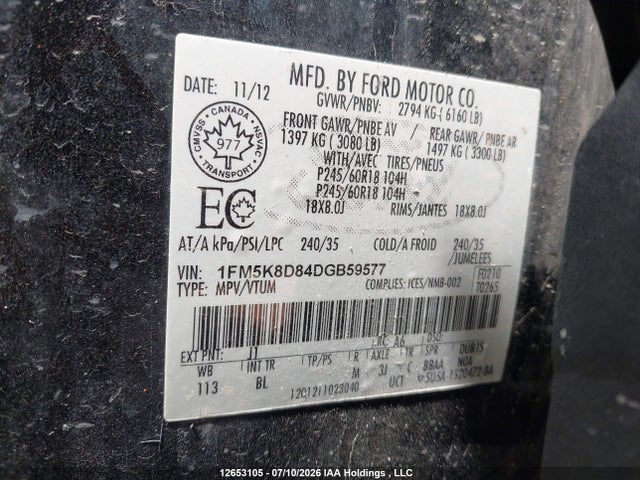 12653105 :رقم المزاد ، 1FM5K8D84DGB59577 vin ، 2013 Ford Explorer Xlt مزاد بيع