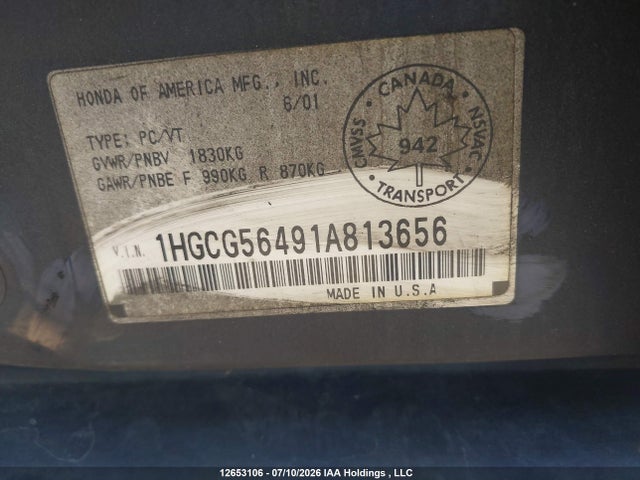 Продажа на аукционе авто 2001 Honda Accord Lx, vin: 1HGCG56491A813656, номер лота: 12653106