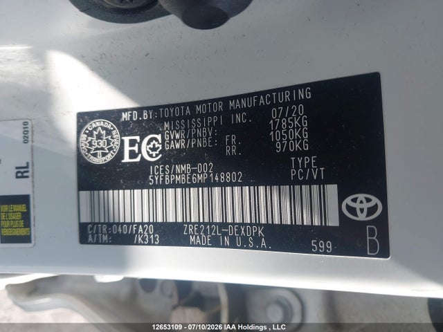 Продаж на аукціоні авто 2021 Toyota Corolla L, vin: 5YFBPMBE6MP148802, номер лоту: 12653109
