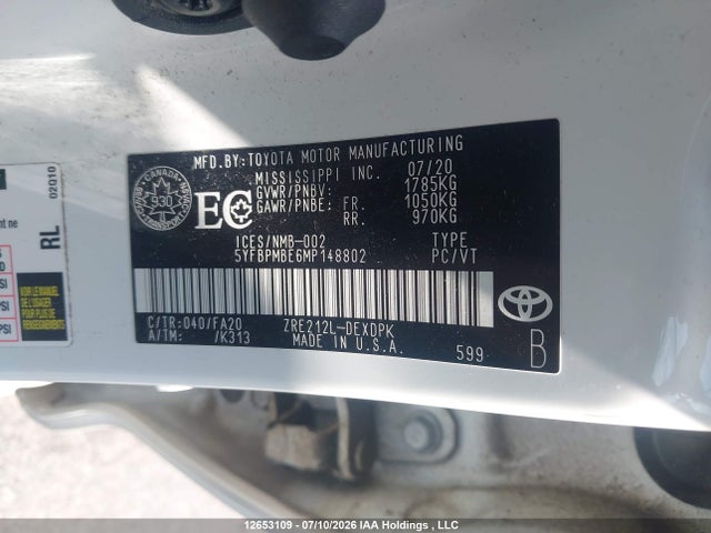 Продаж на аукціоні авто 2021 Toyota Corolla L, vin: 5YFBPMBE6MP148802, номер лоту: 12653109