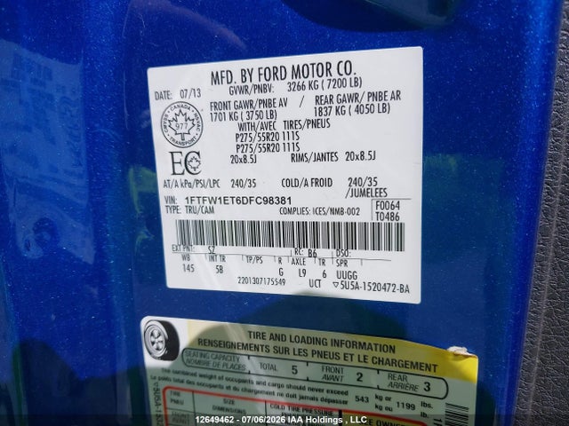 12649462 :رقم المزاد ، 1FTFW1ET6DFC98381 vin ، 2013 Ford F-150 Fx4/king Ranch/lariat/limited/platinum/xlt مزاد بيع