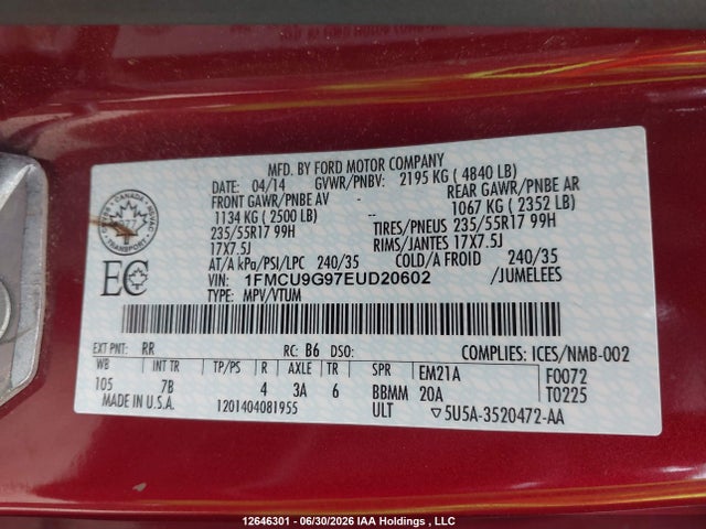 12646301 :رقم المزاد ، 1FMCU9G97EUD20602 vin ، 2014 Ford Escape Se مزاد بيع