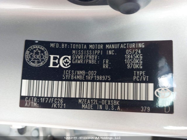 12653111 :رقم المزاد ، 5YFB4MBE1RP198975 vin ، 2024 Toyota Corolla Se/xse مزاد بيع