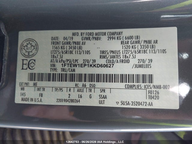 12642753 :رقم المزاد ، 1FTEW1EP1KKD60627 vin ، 2019 Ford F-150 Lariat/xl/xlt مزاد بيع