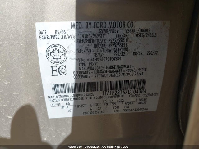 Aukcja sprzedaży 2007 Ford Five Hundred Limited, vin: 1FAFP28167G104384, numer aukcji: 12595380