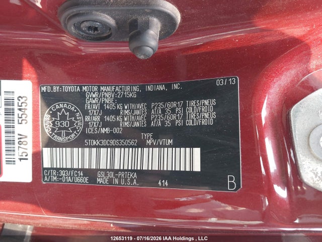 2013 Toyota Sienna Le მანქანა იყიდება აუქციონზე, vin: 5TDKK3DC9DS350562, აუქციონის ნომერი: 12653119