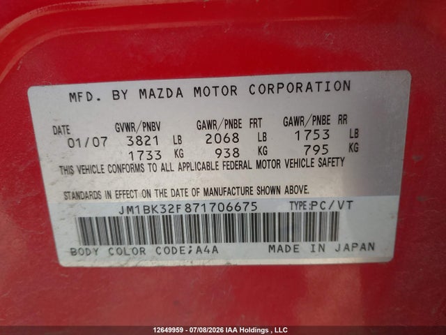 2007 Mazda Mazda3 Gs/gx მანქანა იყიდება აუქციონზე, vin: JM1BK32F871706675, აუქციონის ნომერი: 12649959