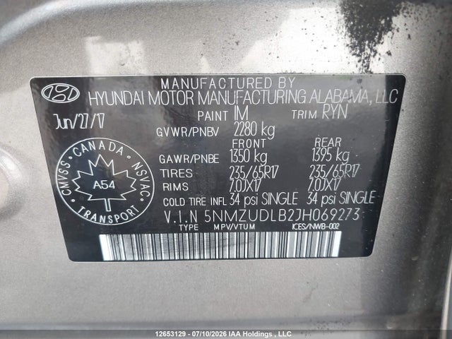 12653129 :رقم المزاد ، 5NMZUDLB2JH069273 vin ، 2018 Hyundai Santa Fe Sport مزاد بيع