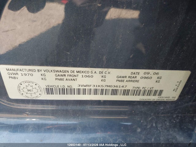 Aukcja sprzedaży 2007 Volkswagen Jetta 2.5/value, vin: 3VWRF31K57M036147, numer aukcji: 12653140