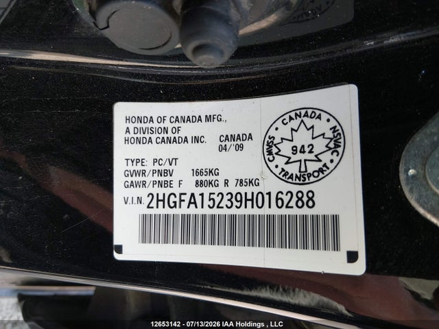 2009 Honda Civic მანქანა იყიდება აუქციონზე, vin: 2HGFA15239H016288, აუქციონის ნომერი: 12653142