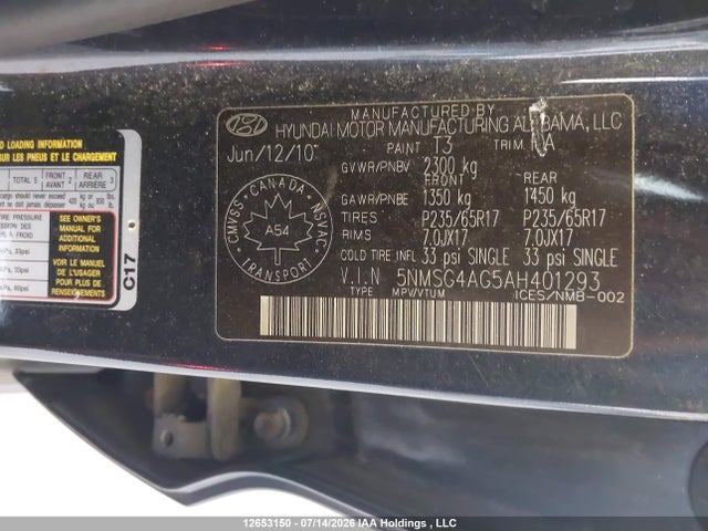 Aukcja sprzedaży 2010 Hyundai Santa Fe Gls, vin: 5NMSG4AG5AH401293, numer aukcji: 12653150