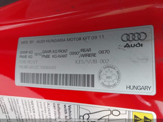 Aukcja sprzedaży 2012 Audi Tt Quaro, vin: TRUBFAFK2C1006540, numer aukcji: 12653152