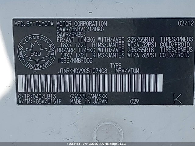 2012 Toyota Rav4 Sport მანქანა იყიდება აუქციონზე, vin: JTMRK4DV9C5107408, აუქციონის ნომერი: 12653154