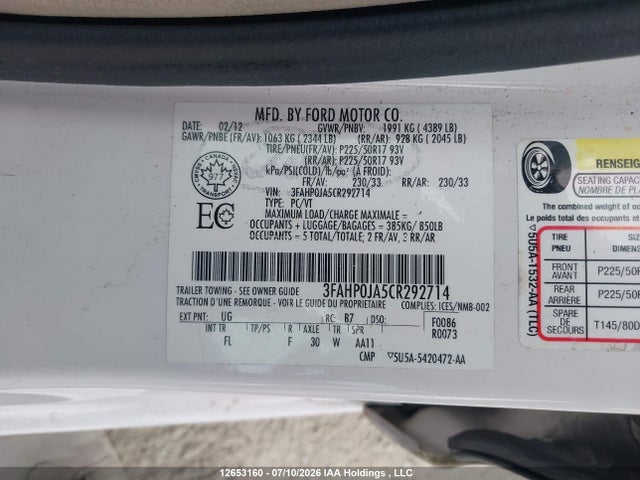 12653160 :رقم المزاد ، 3FAHP0JA5CR292714 vin ، 2012 Ford Fusion Sel مزاد بيع