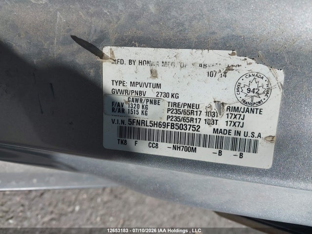 Honda ODYSSEY EXL 2015 5FNRL5H69FB503752 Image 19