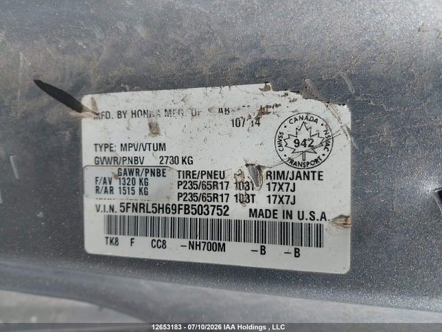 Honda ODYSSEY EXL 2015 5FNRL5H69FB503752 Image 9