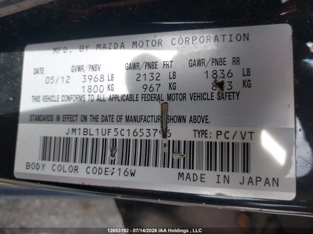 12653192 :رقم المزاد ، JM1BL1UF5C1653796 vin ، 2012 Mazda 3 I مزاد بيع