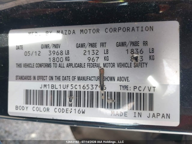 12653192 :رقم المزاد ، JM1BL1UF5C1653796 vin ، 2012 Mazda 3 I مزاد بيع