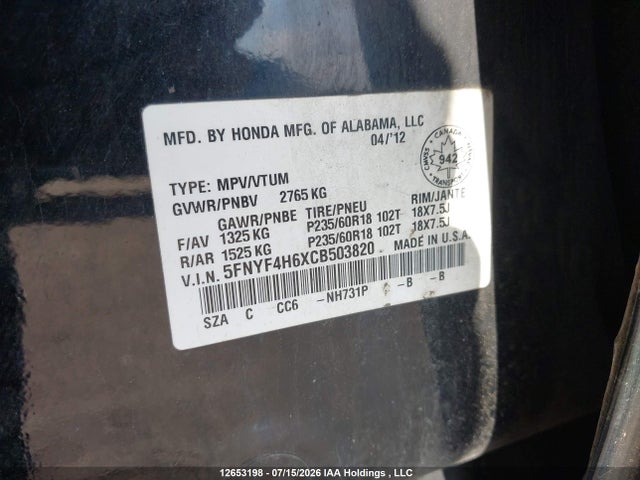 12653198 :رقم المزاد ، 5FNYF4H6XCB503820 vin ، 2012 Honda Pilot Ex-l مزاد بيع