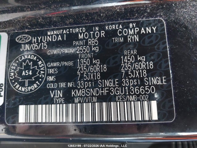 Продажа на аукционе авто 2016 Hyundai Santa Fe Se/limited, vin: KM8SNDHF3GU136650, номер лота: 12653199