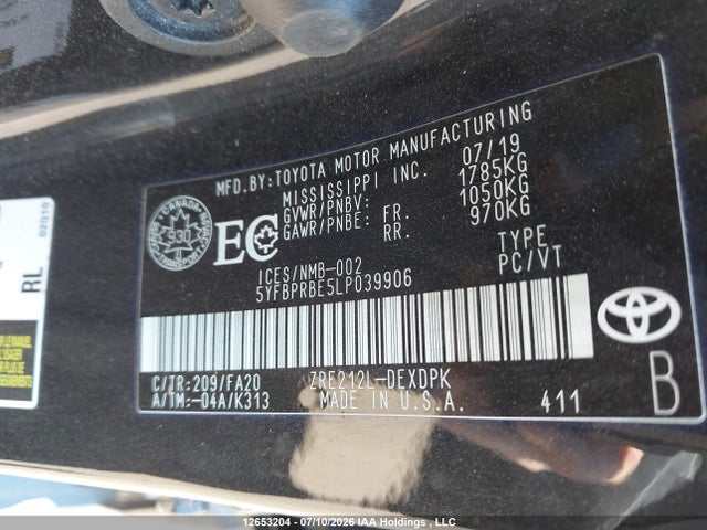 Aukcja sprzedaży 2020 Toyota Corolla Le, vin: 5YFBPRBE5LP039906, numer aukcji: 12653204