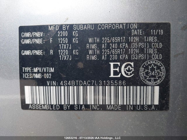 12653216 :رقم المزاد ، 4S4BTDAC7L3135586 vin ، 2020 Subaru Outback مزاد بيع