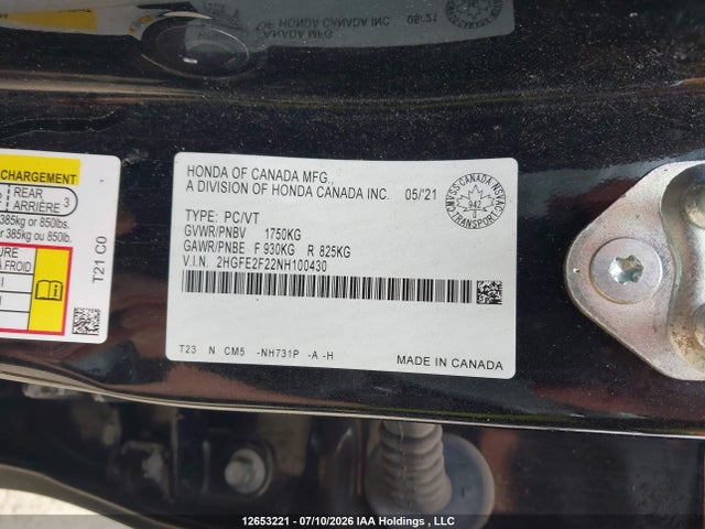 2022 Honda Civic Lx მანქანა იყიდება აუქციონზე, vin: 2HGFE2F22NH100430, აუქციონის ნომერი: 12653221