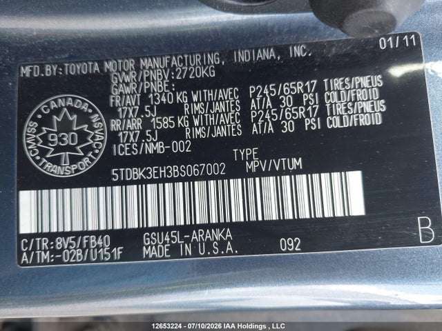 2011 Toyota Highlander Se მანქანა იყიდება აუქციონზე, vin: 5TDBK3EH3BS067002, აუქციონის ნომერი: 12653224